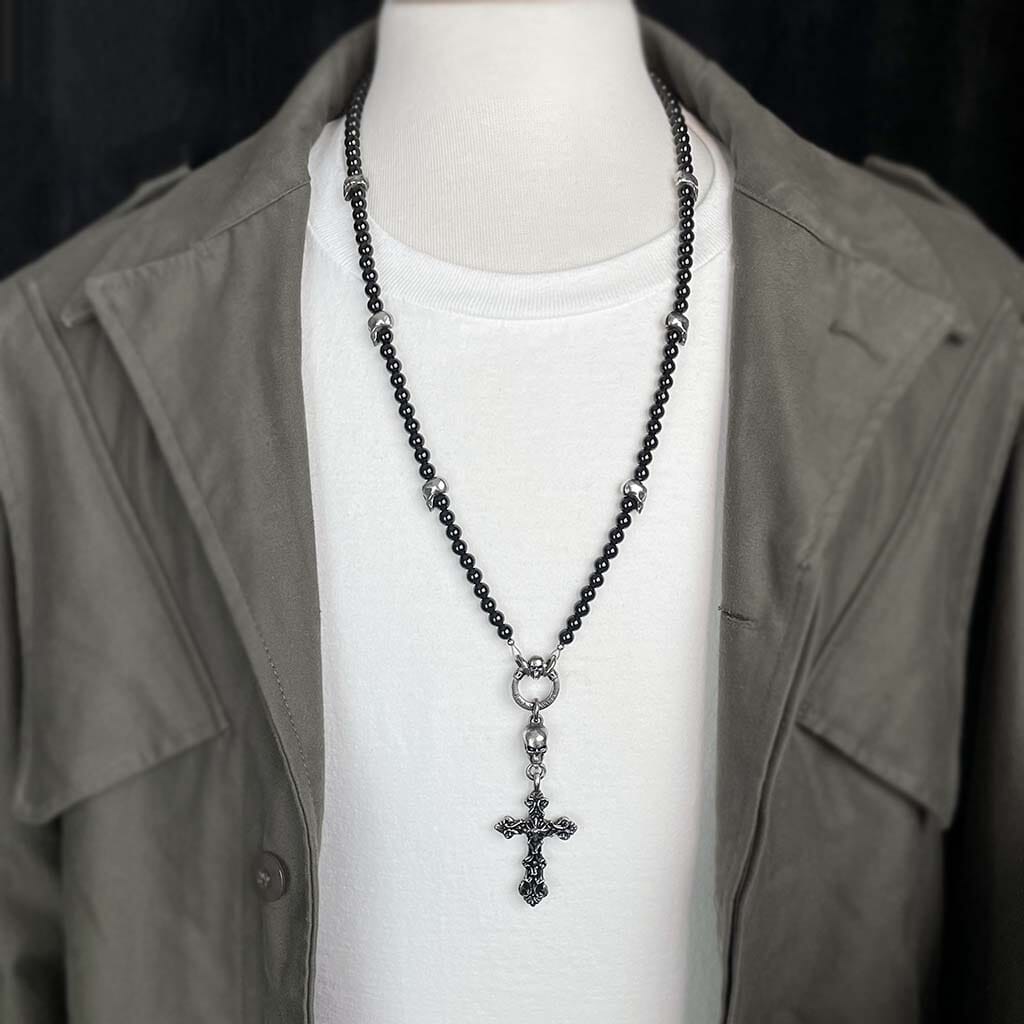 black skull beaded rosary necklace for men