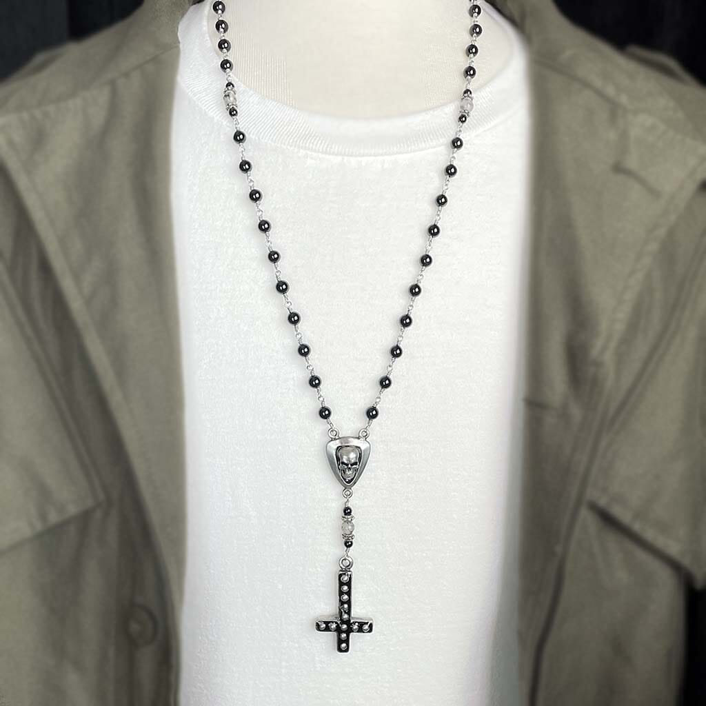 rocker jewelry - beaded skull rosary necklace