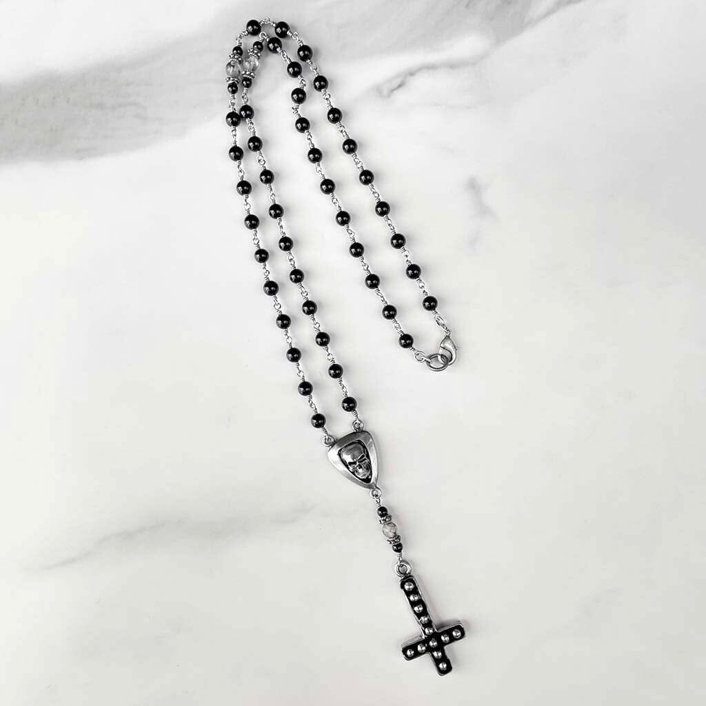 beaded rosary necklace with rock n roll attitude 