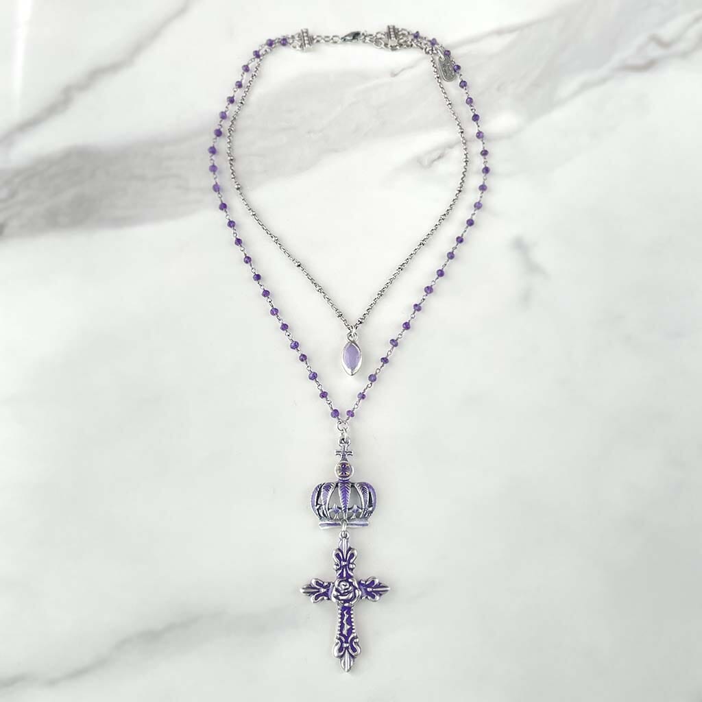 Purple cross beaded rosary necklace for women