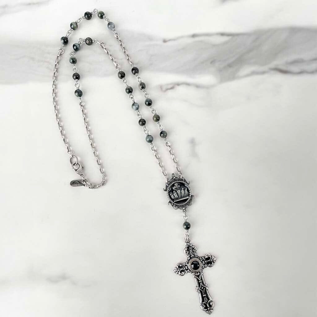 Crown and cross rosary necklace - rocker chic jewelry