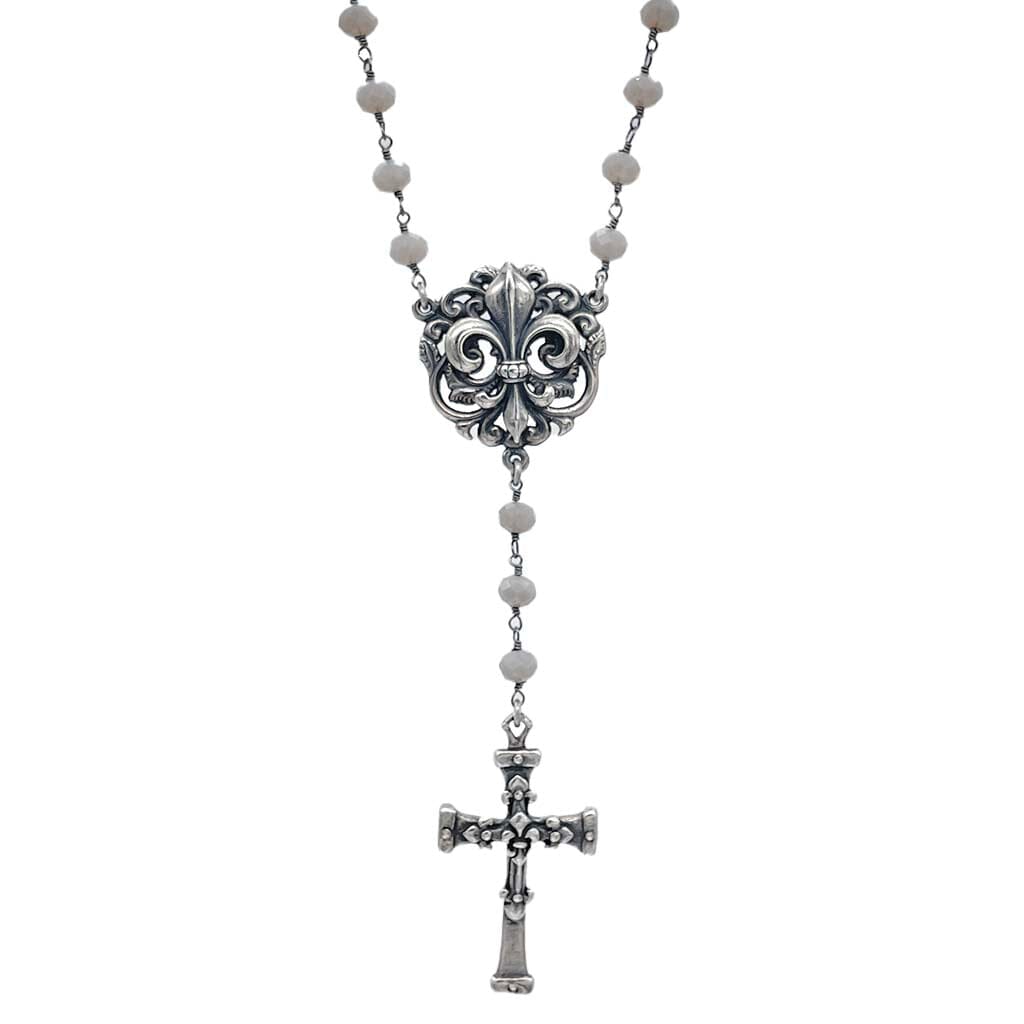 rosary necklace for women - fleur de lis cross