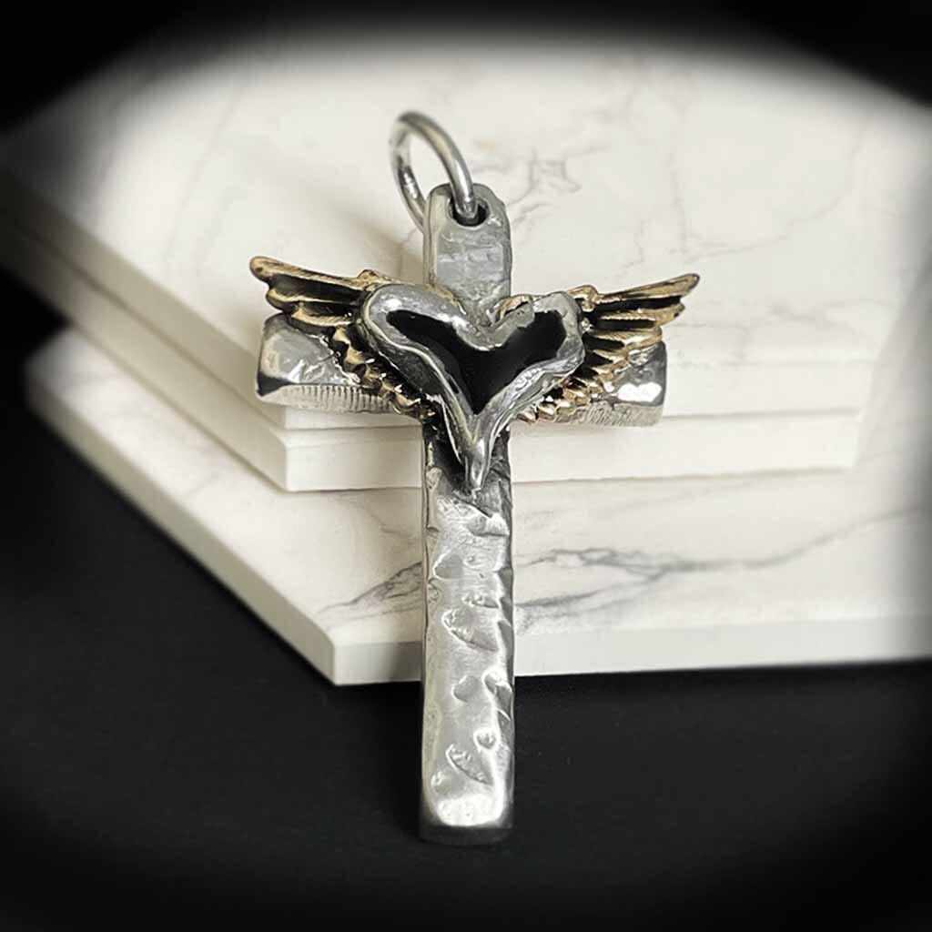Black heart and wing cross pendant for women by Rock my Wings