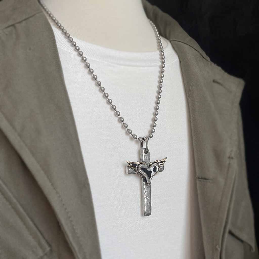Black heart cross pendant for men by rock my wings