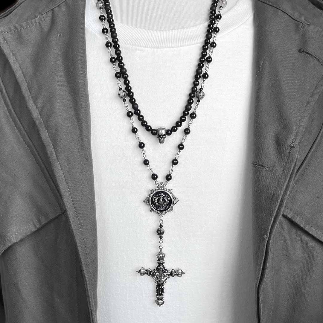 Rock Royalty Beaded Rosary Necklace for Men
