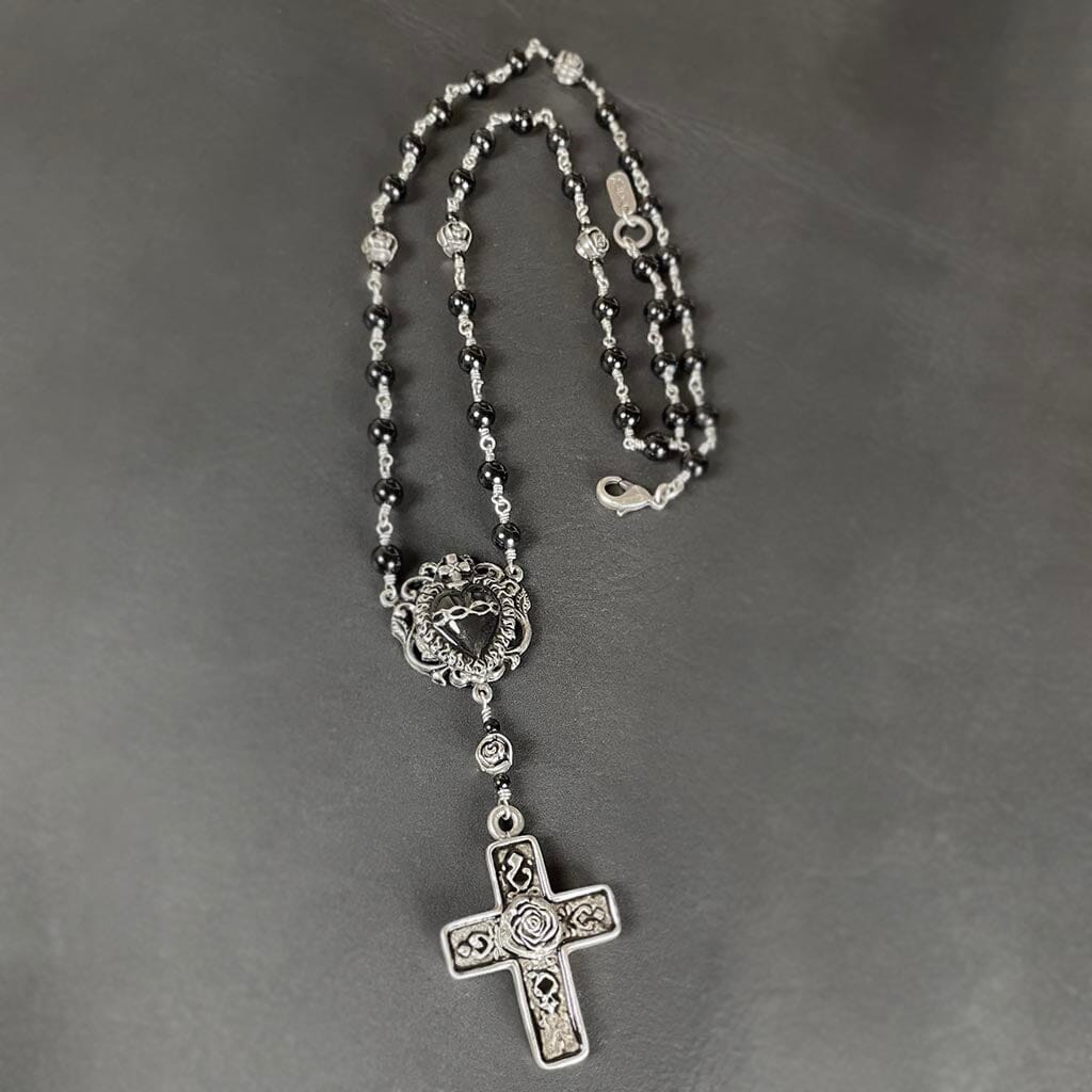 image showing the entire black sacred Heart Rosary Necklace