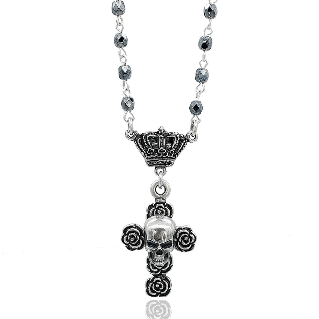 close up view of the skull and rose short rosary necklace by rock my wings